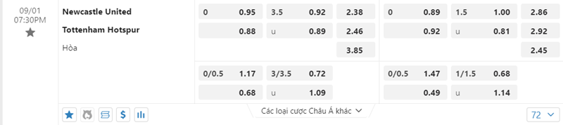 Tỷ lệ kèo Newcastle vs Tottenham